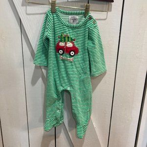 Mudpie Christmas striped green red truck pajamas 0-6 months